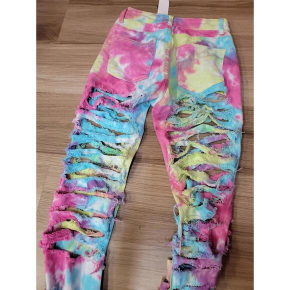 HOT & DELICIOUS   Rainbow  Size Blue Multi Destroyed Jeans NWT #Z - Picture 4 of 10
